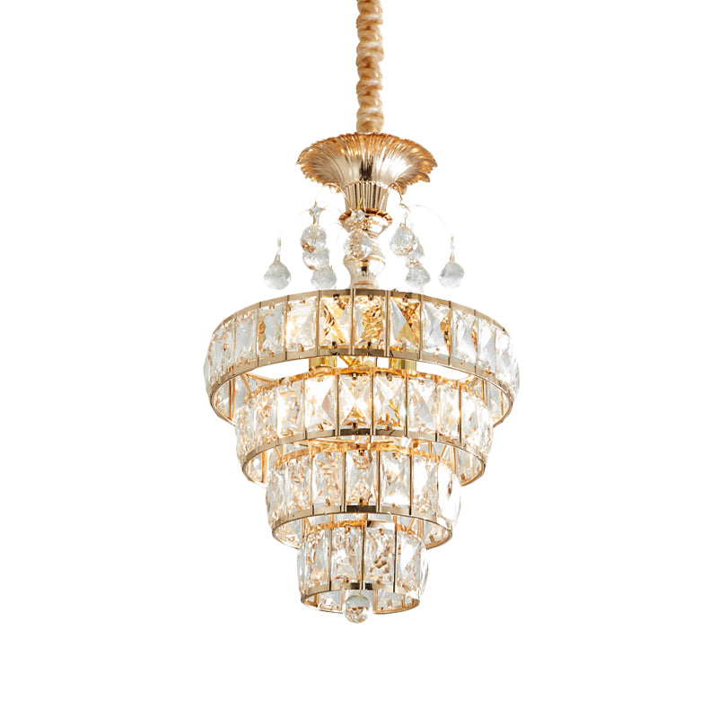 4-Tier Cone Crystal Drop Lamp Traditional 5 Lights Living Room Chandelier Pendant in Gold