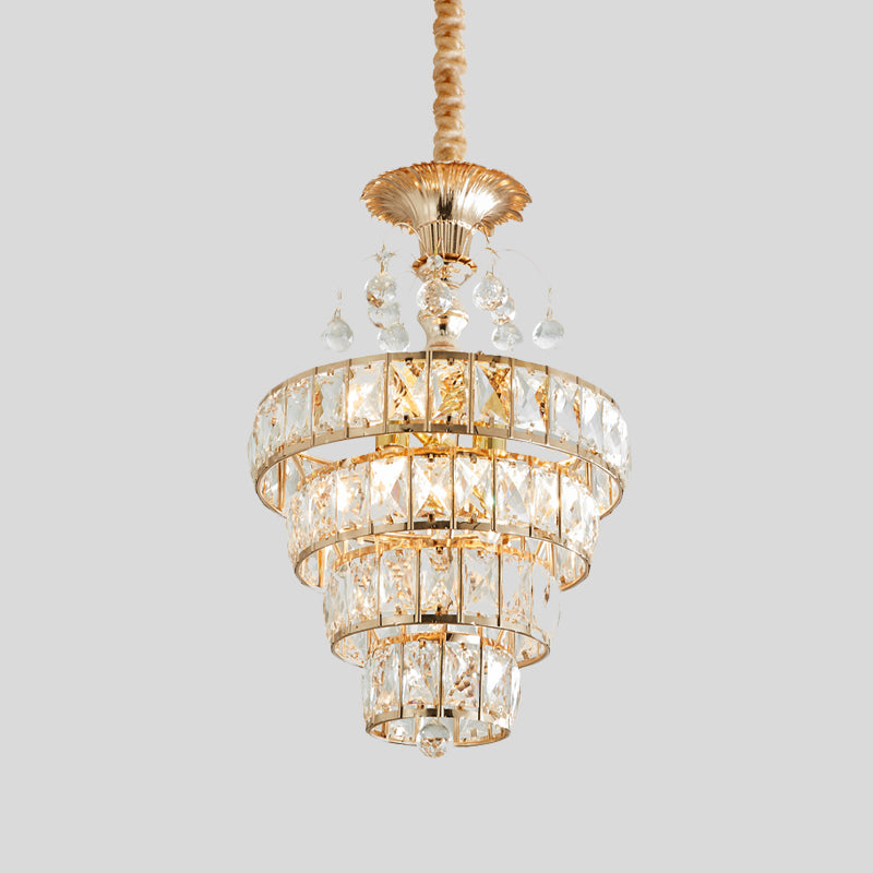 4-laags kegel kristal drop lamp traditionele 5 lichten woonkamer kroonluchter hanger in goud