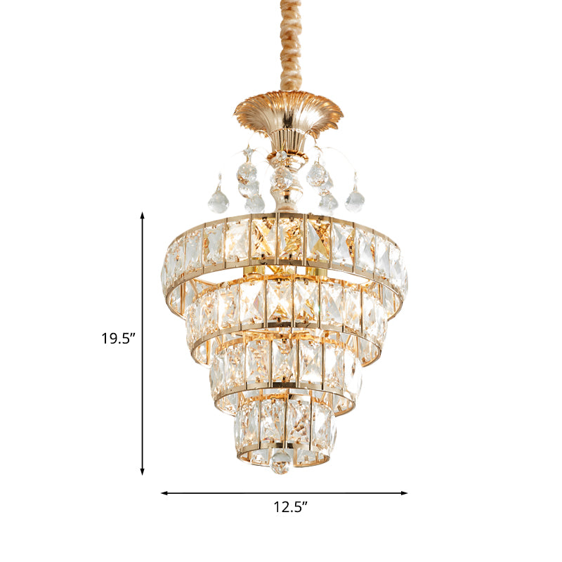 4-laags kegel kristal drop lamp traditionele 5 lichten woonkamer kroonluchter hanger in goud