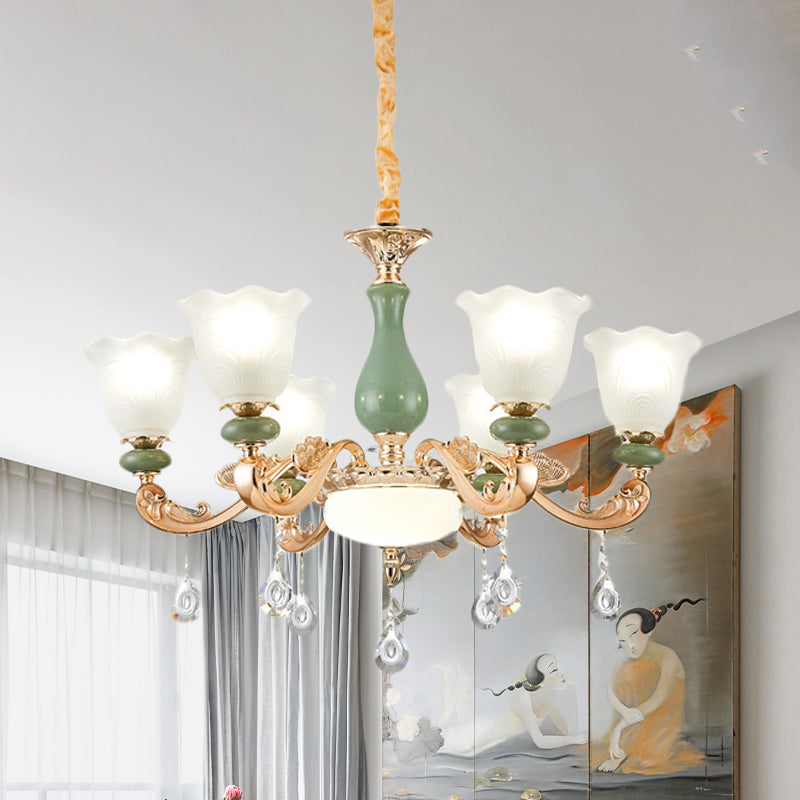 Floral Bedroom Up Chandelier Antique Milk Frosted Glass 3/6 Bulbs Gold and Green Hanging Light with Crystal Drop