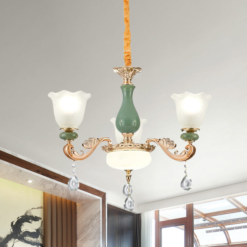 Bloemen slaapkamer omhoog kroonluchter antieke melk matglas 3/6 bollen goud en groen hangend licht met kristallen druppel