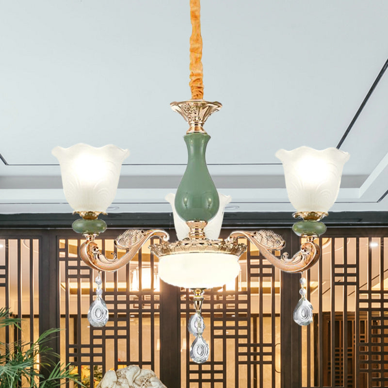 Floral Bedroom Up Chandelier Antique Milk Frosted Glass 3/6 Bulbs Gold and Green Hanging Light with Crystal Drop