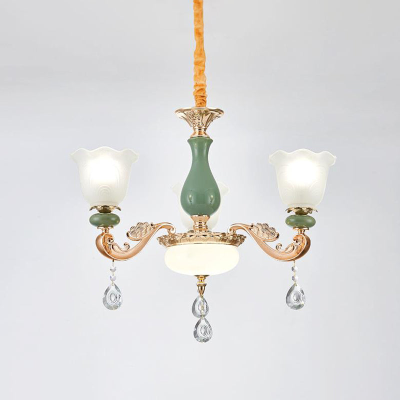 Floral Bedroom Up Chandelier Antique Milk Frosted Glass 3/6 Bulbs Gold and Green Hanging Light with Crystal Drop