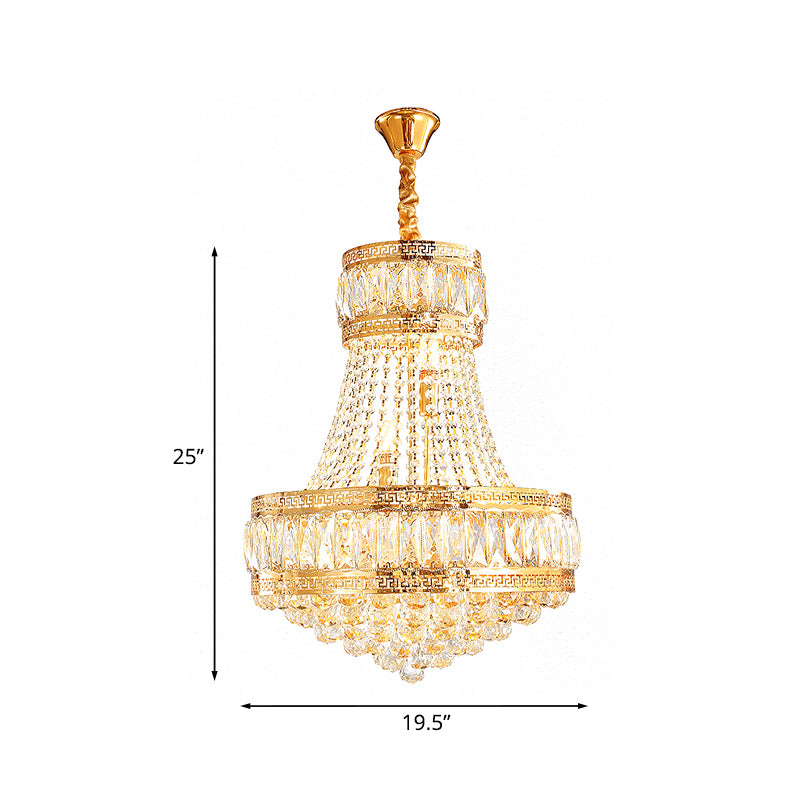 Crystal Basket Shaped Chandelier Vintage 8-Bulb Parlor Hanging Ceiling Light in Gold