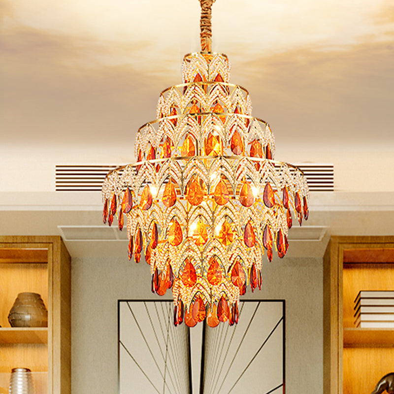 7-laags taps toelopende eetkamer hangende licht retro tan kristal 8 koppen gouden kroonluchter hanger