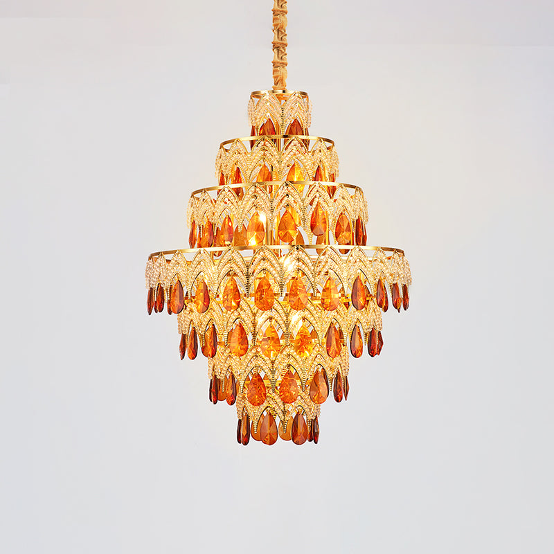 7-laags taps toelopende eetkamer hangende licht retro tan kristal 8 koppen gouden kroonluchter hanger