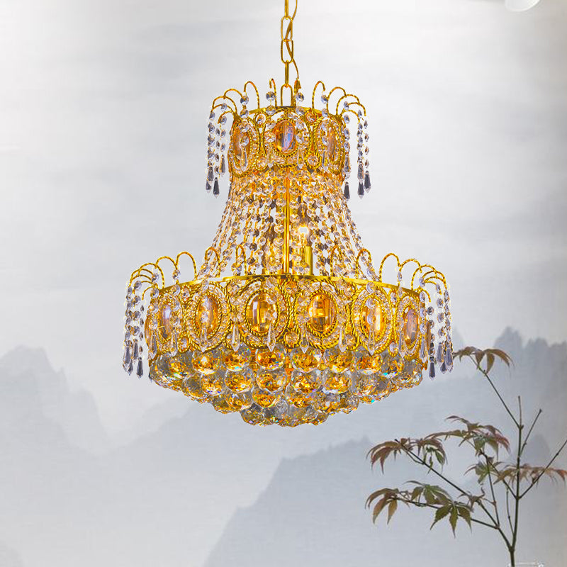 Vintage -Korb -Anhängerlampe 8 Köpfe Kristallstrang Kronleuchterbeleuchtung in Gold für die Lobby