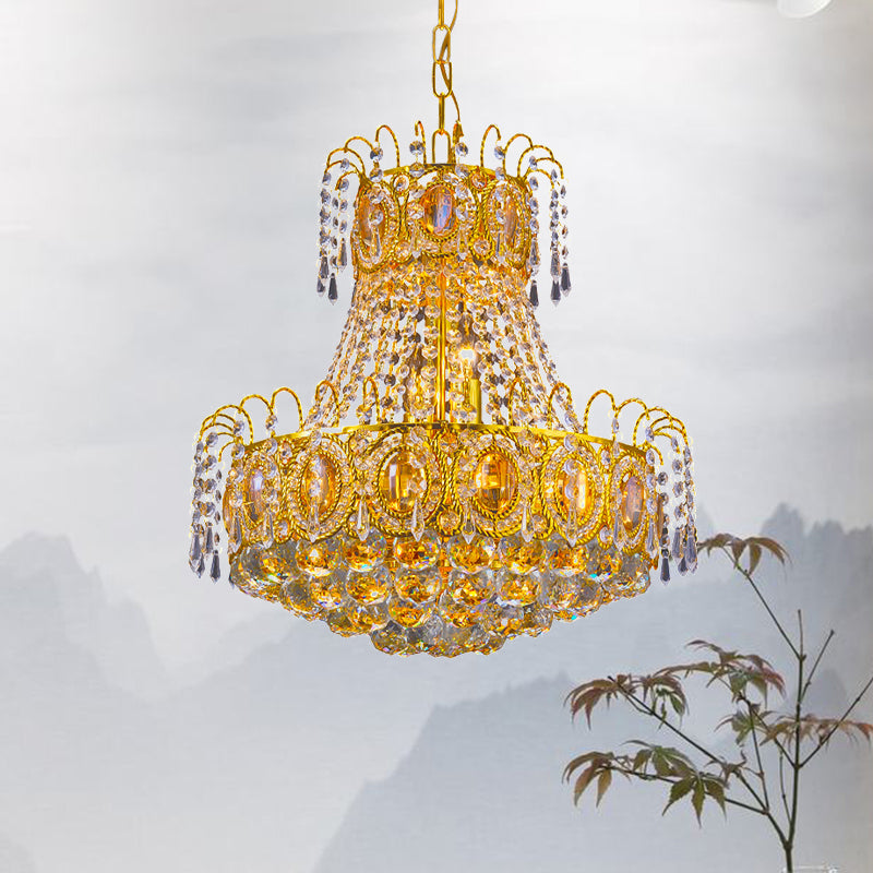 Vintage Basket Pendant Lamp 8 Heads Crystal Strand Chandelier Lighting in Gold for Lobby