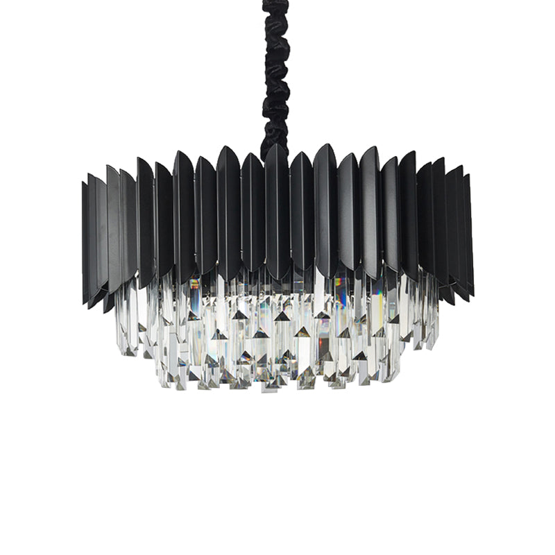 Modern Drum Pendulum Light Crystal Prisms 4-Bulb Living Room Hanging Chandelier in Black