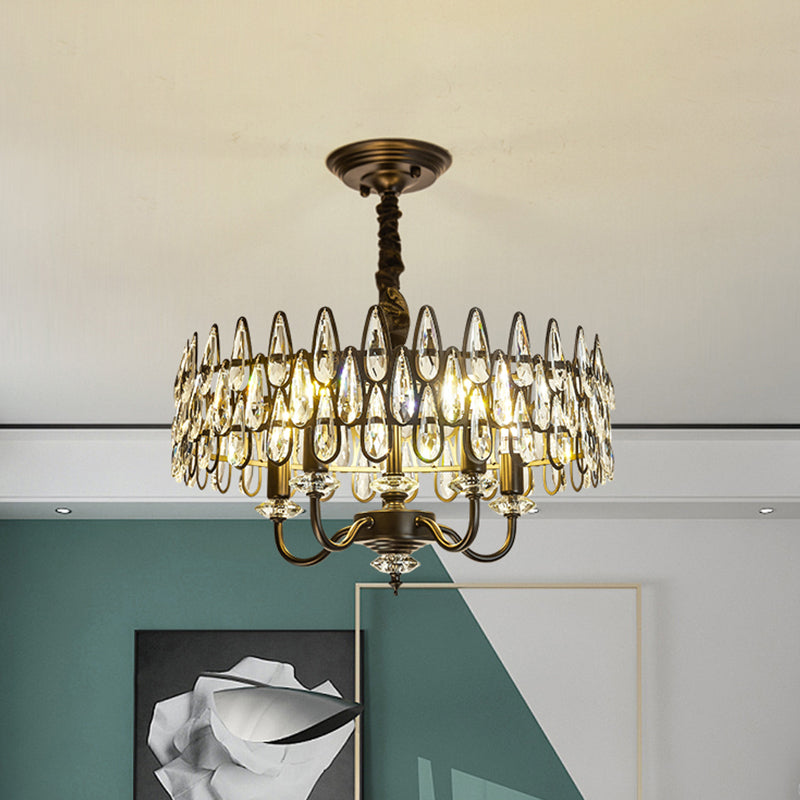 Black Teardrop Ceiling Chandelier with Drum Design Modernism 4-Light Faceted Crystal Hanging Pendant Lamp