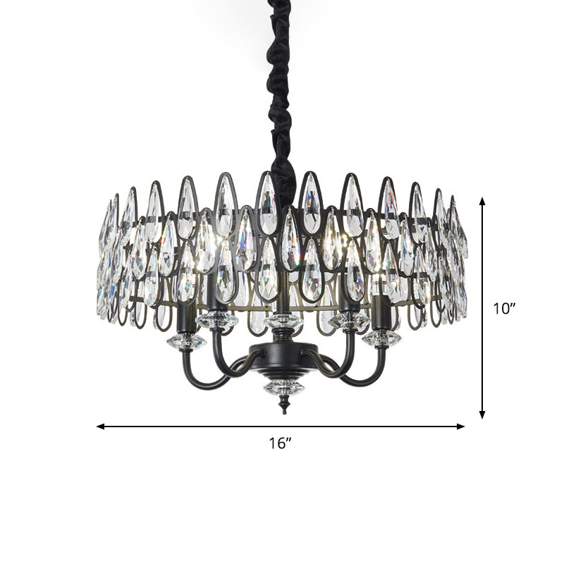 Black Teardrop Ceiling Chandelier with Drum Design Modernism 4-Light Faceted Crystal Hanging Pendant Lamp