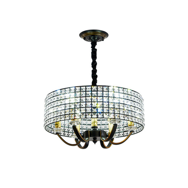 Drum Chandelier Pendant Light Minimalist Crystal-Encrusted 6-Light Dining Room Hanging Lamp in Black