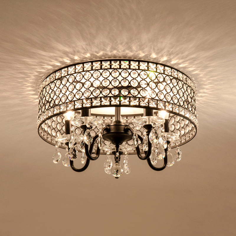 Lumo a filo in metallo a filo in metallo moderno 4 lampadine nere lampada semifulta con tonalità incorporata in cristallo tamburo