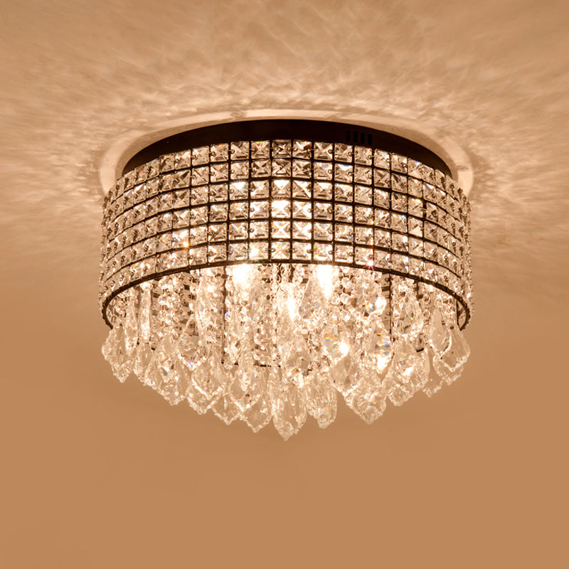 Black Drum Flushmount Lampada Moderna 5 Teste Crystal Embedded Flush Massimale Light Fixture con Droplet