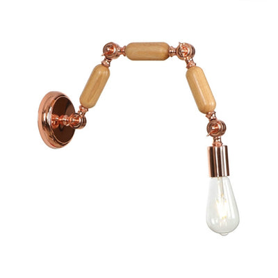 1 Head Bare Bulb Wall Sconce Industrial Style Rose Gold Wood and Metal Wall Light Fixture with Triple Joint