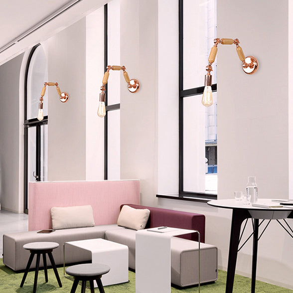 1 Head Bare Bulb Wall Sconce Industrial Style Rose Gold Wood and Metal Wall Light Fixture with Triple Joint
