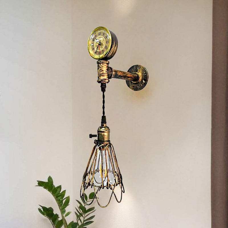 1 Bulb Metal Wall Hanging Light Farmhouse Aged Brass/Black Wire Frame Corridor Sconce Lighting with Gauge
