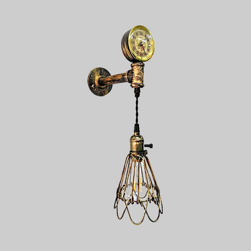 1 Bulb Metal Wall Hanging Light Farmhouse Aged Brass/Black Wire Frame Corridor Sconce Lighting with Gauge