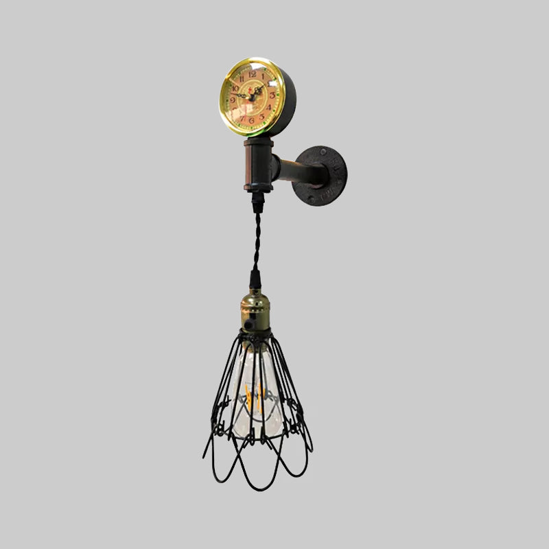 1 Bulb Metal Wall Hanging Light Farmhouse Aged Brass/Black Wire Frame Corridor Sconce Lighting with Gauge