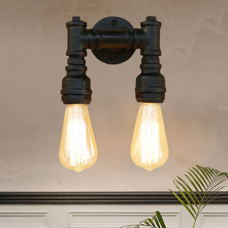 Iluminación de apliques de pared de bombilla desnuda industrial con tubería de agua 2 luces lámpara de pared metálica en latón negro/antiguo