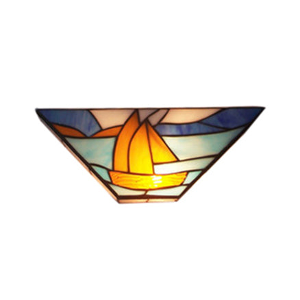 1 Head Sea Wall Light with Boat Nautical Stylish Stained Glass Wall Lamp in Blue for Dining Room
