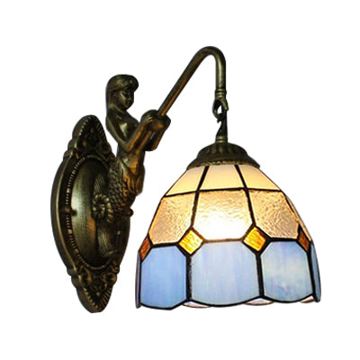 Blue Glass Grid Patterned Wall Mounted Light Tiffany 1 Head Antique Brass Sconce Light