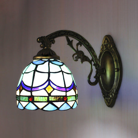 Stained Glass Domed Wall Lamp with Carved Arm 1 Light Tiffany Traditional Wall Lamp in Blue