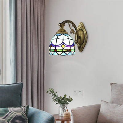 Stained Glass Domed Wall Lamp with Carved Arm 1 Light Tiffany Traditional Wall Lamp in Blue