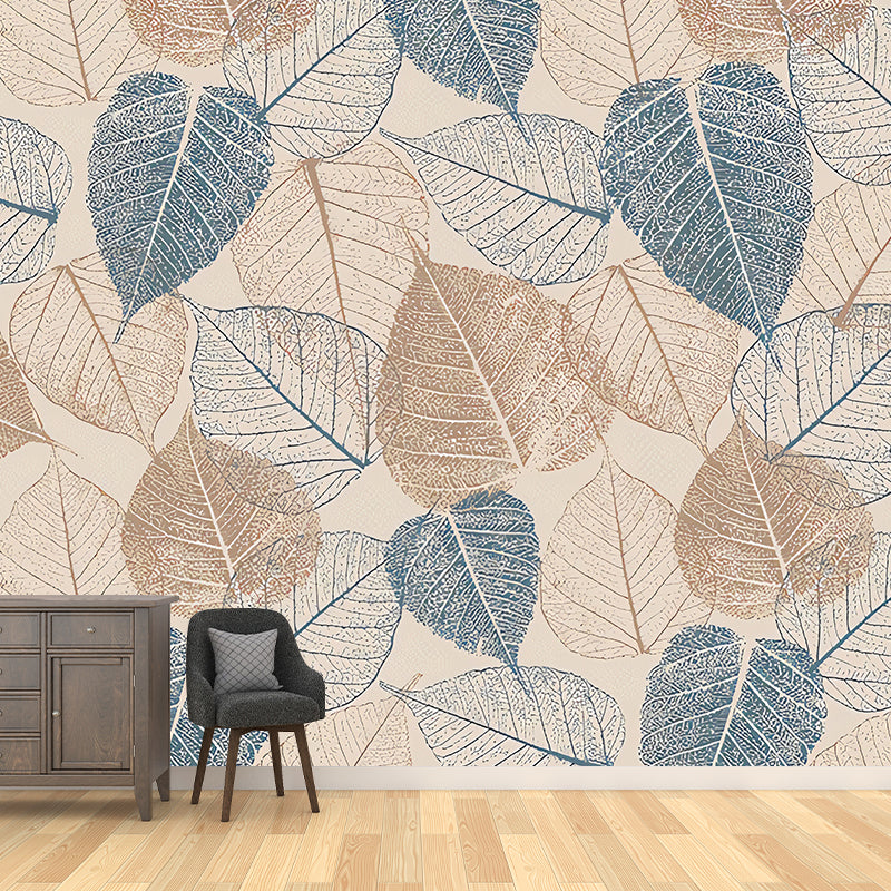 American Blue and Brown Mural with Autumn Leaf Design for Living Room and Gallery, Non-Woven Material