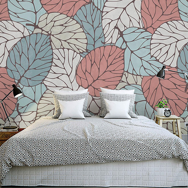 Full Size Mural Wallpaper for Living Room, Summer Leaf in Blue and Red, Stain-Resistant