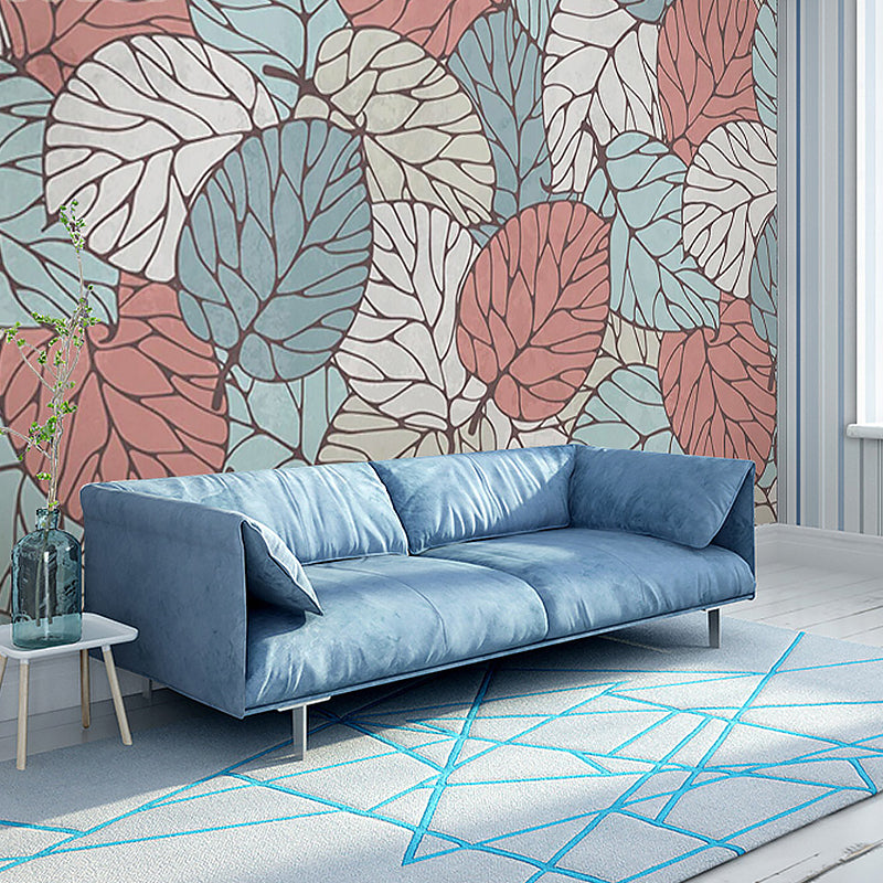 Full Size Mural Wallpaper for Living Room, Summer Leaf in Blue and Red, Stain-Resistant