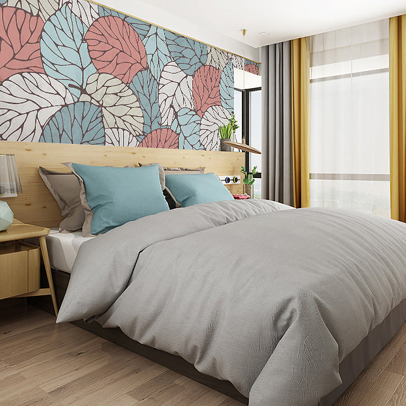 Full Size Mural Wallpaper for Living Room, Summer Leaf in Blue and Red, Stain-Resistant