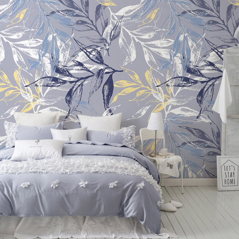 Big Illustration Classic Mural Wallpaper for Bedroom with Leaf and Branch in Grey and Blue