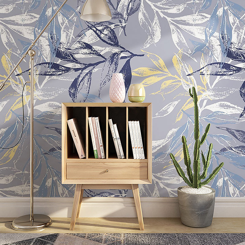 Big Illustration Classic Mural Wallpaper for Bedroom with Leaf and Branch in Grey and Blue
