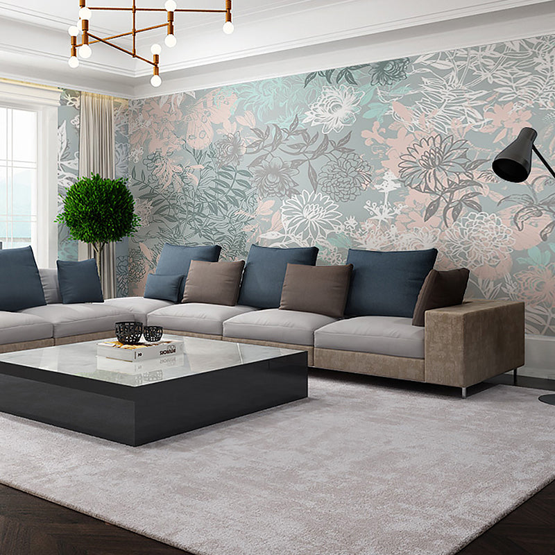 Full Illustration Blossoming Flower Mural for Bedroom in Grey, Customized Size Available