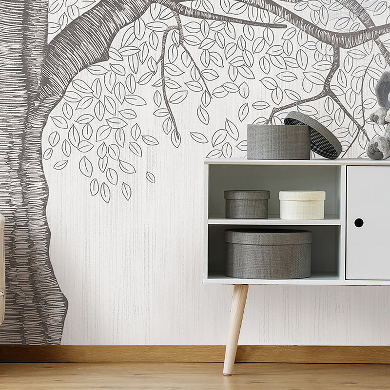 Stain-Resistant Swirled Tree Mural Non-Woven Fabric Nostalgic Wall Covering in Grey for Coffee Shop and Gallery
