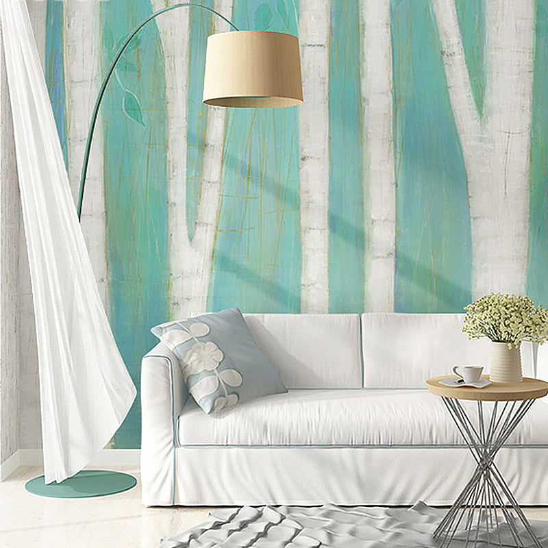 Contemporary Wall Art Green and Blue Birch Tree Mural Wallpaper, Personalized Size Available