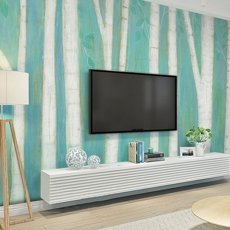 Contemporary Wall Art Green and Blue Birch Tree Mural Wallpaper, Personalized Size Available