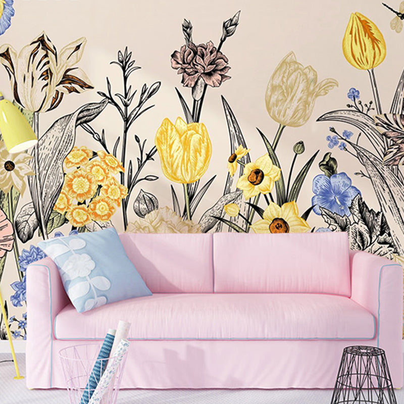Illustration Garden Blossom Big Mural Wallpaper for Home Decoration, Personalized Sized Available