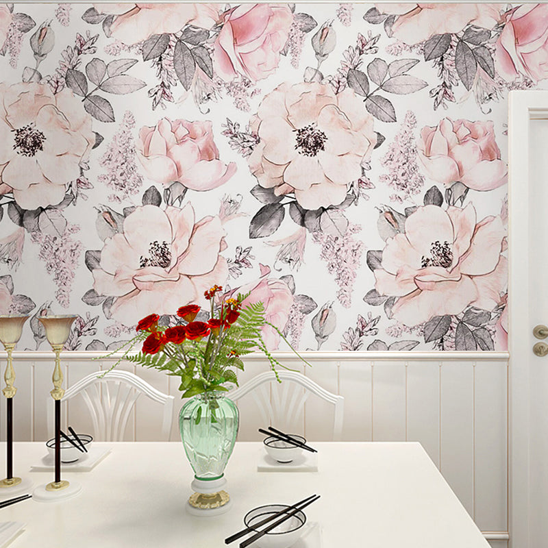 Romantic Grey and Pink Mural Wallpaper with Floral Design for Bedroom, Non-Woven Material