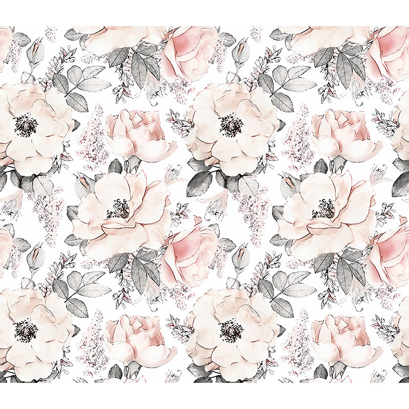 Romantic Grey and Pink Mural Wallpaper with Floral Design for Bedroom, Non-Woven Material