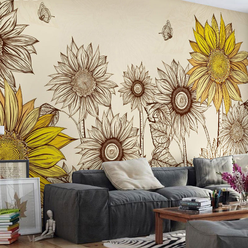 Sunflower Wall Art in Yellow, Nostalgic Countryside Mural Wallpaper for Home Decor