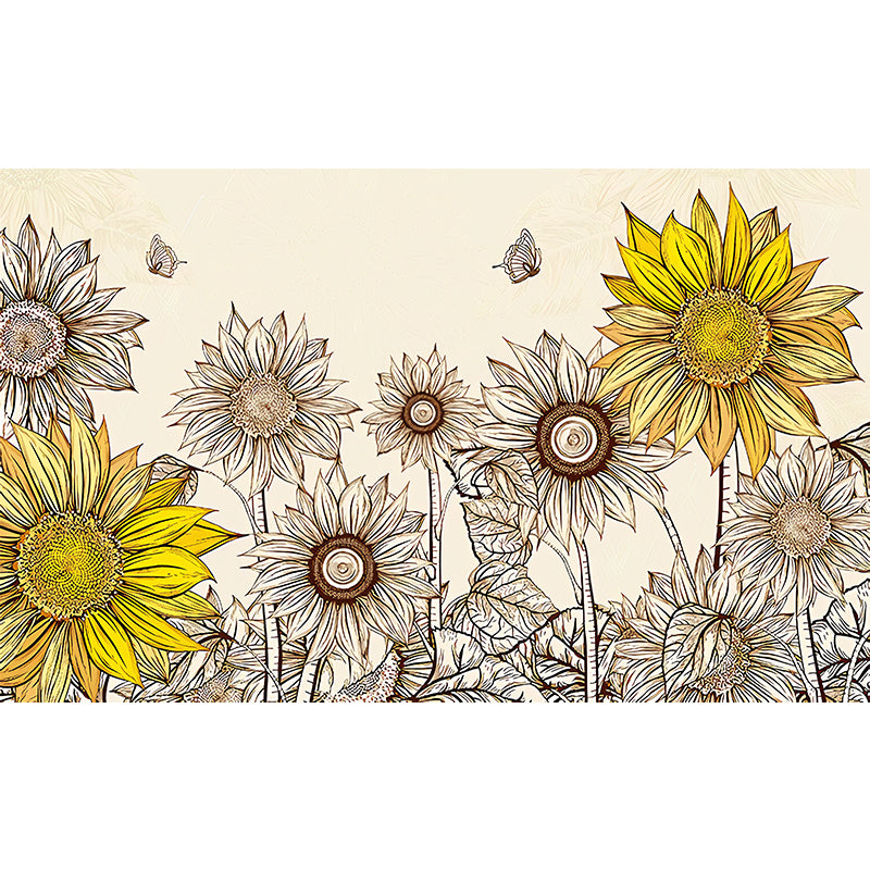 Sunflower Wall Art in Yellow, Nostalgic Countryside Mural Wallpaper for Home Decor
