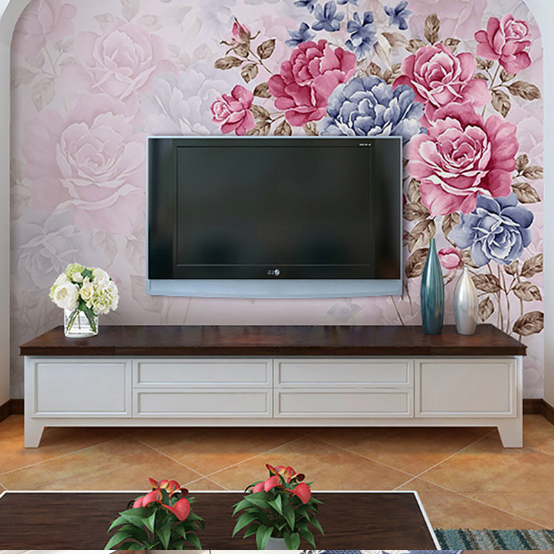 Full Size Wall Covering for Living Room Cluster Flower Mural in Pink and Blue, Moisture-Resistant