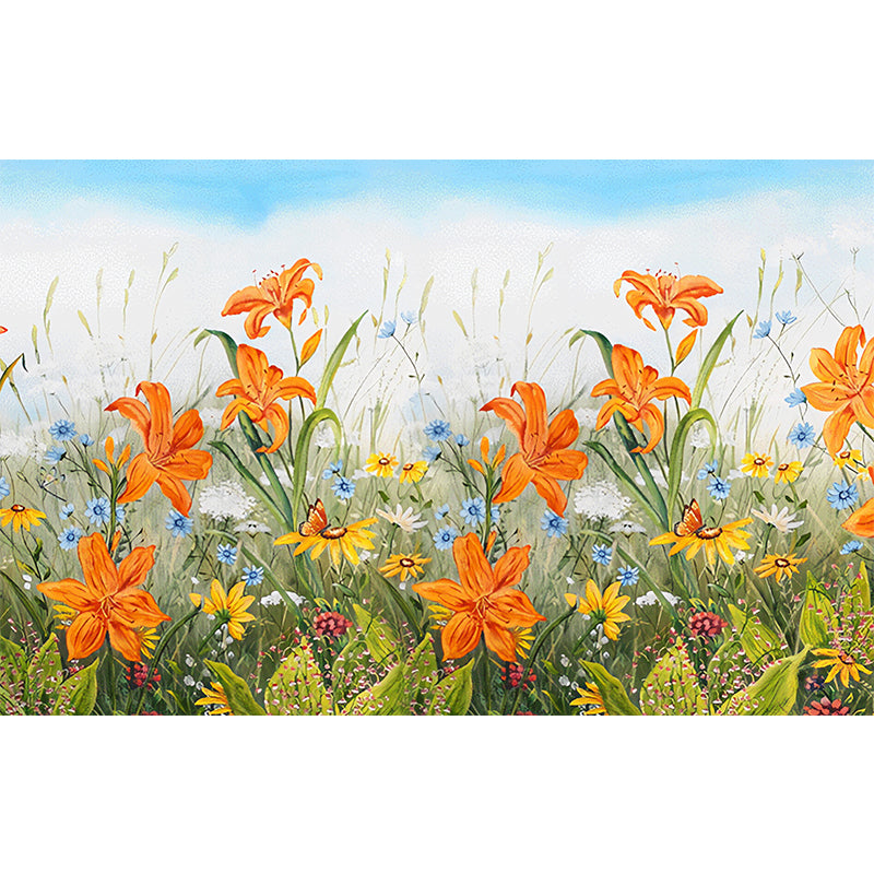 Giant Illustration Fresh Mural Wallpaper for Gallery with Floral Design in Orange and Blue