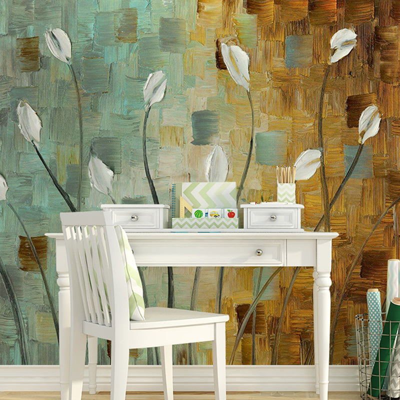 Giant European Mural Wallpaper Blue and Brown Calla Wall Art, Made to Measure