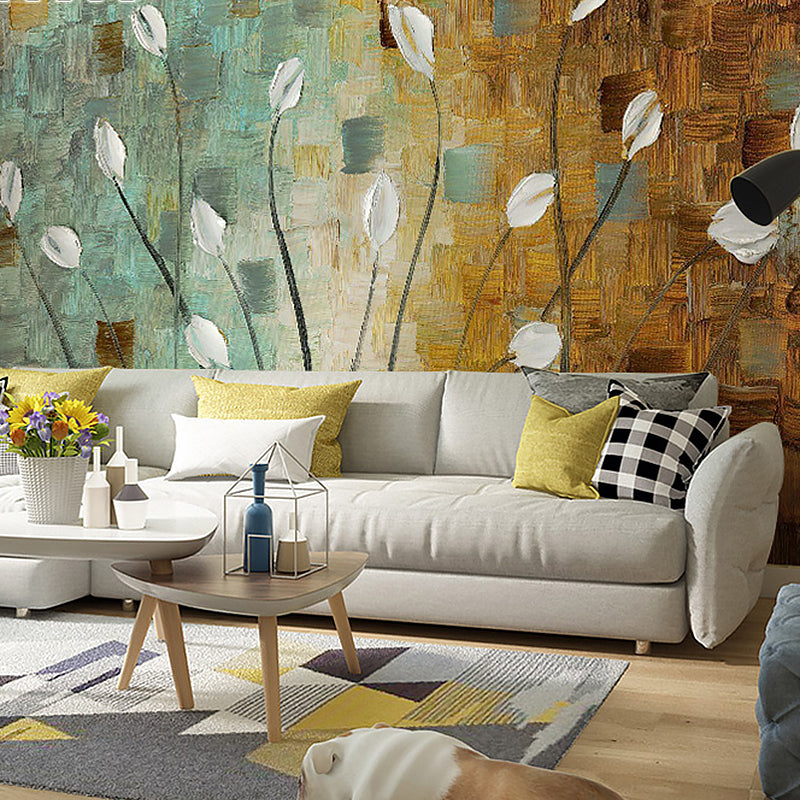 Giant European Mural Wallpaper Blue and Brown Calla Wall Art, Made to Measure