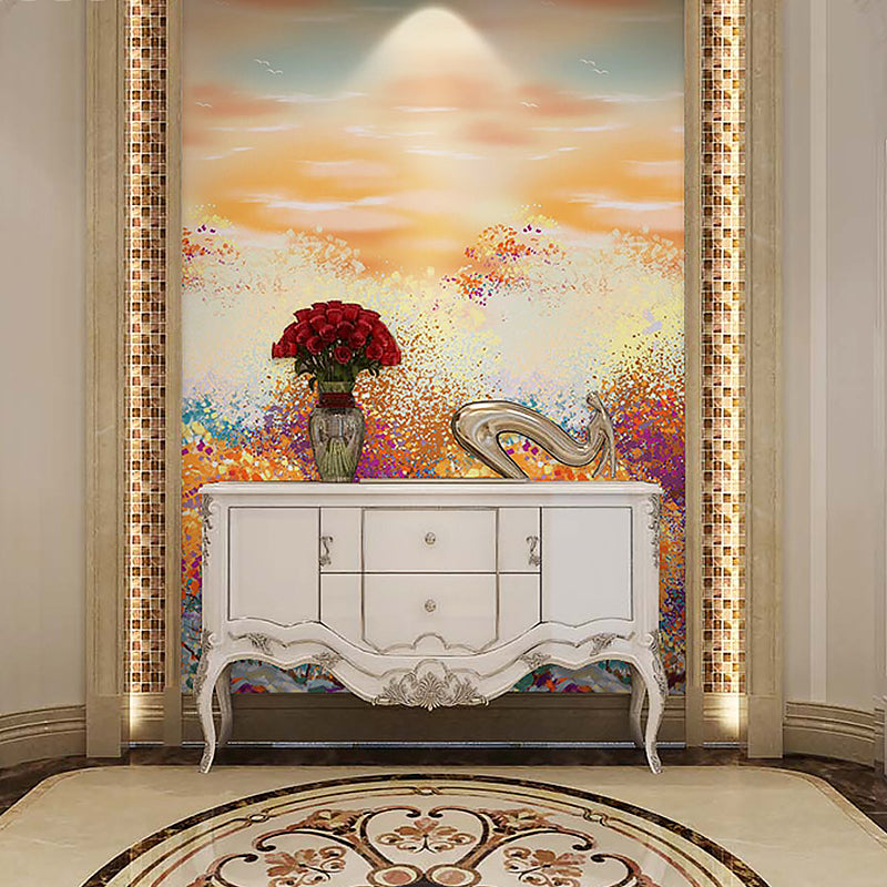 Contemporary Orange and Yellow Mural Extra Large Wall Art with Forest and Sky Pattern for Home Decoration