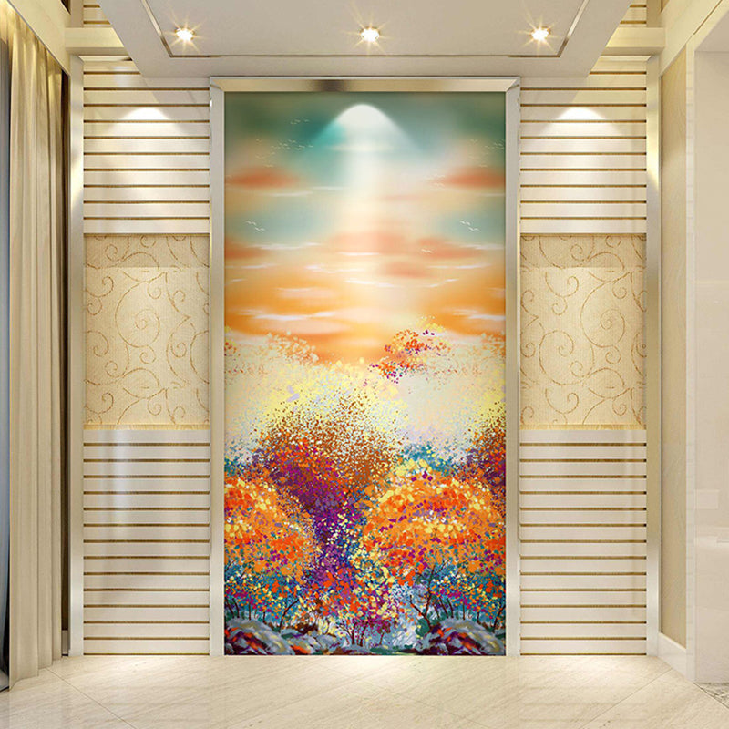 Contemporary Orange and Yellow Mural Extra Large Wall Art with Forest and Sky Pattern for Home Decoration