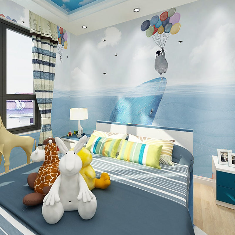 Blue Penguin and Balloon Mural Stain-Resistant for Boy's or Girl's Bedroom